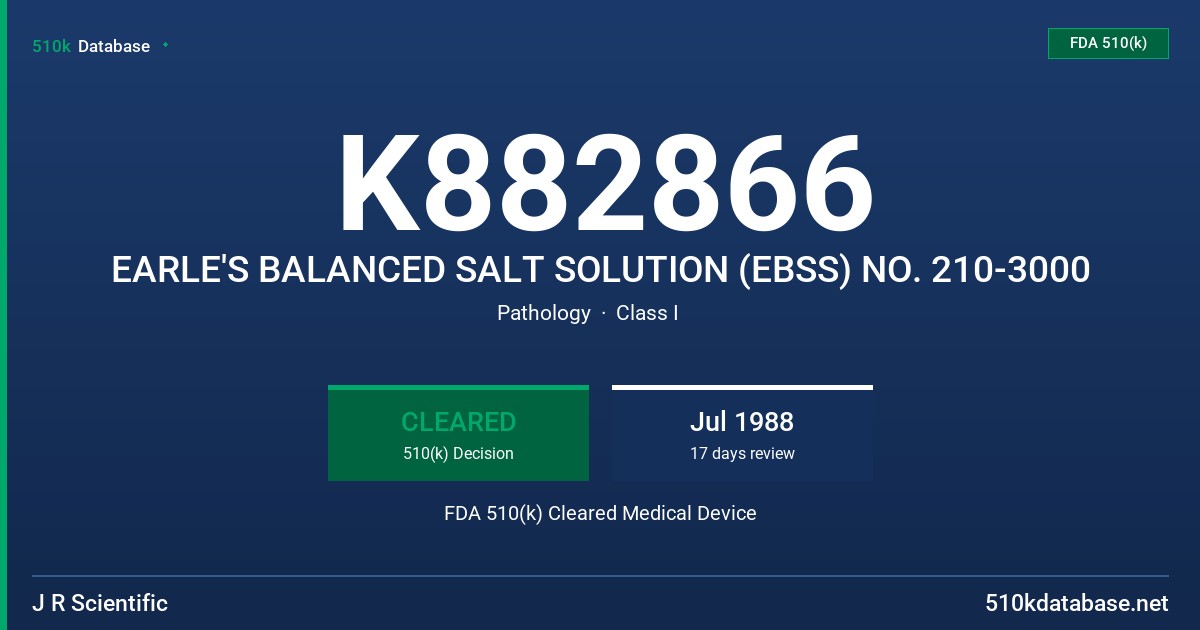 K882866 EARLE'S BALANCED SALT SOLUTION (EBSS) NO. 210-3000 FDA 510(k) Cleared Medical Device