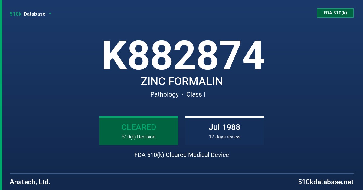 K882874 ZINC FORMALIN FDA 510(k) Cleared Medical Device
