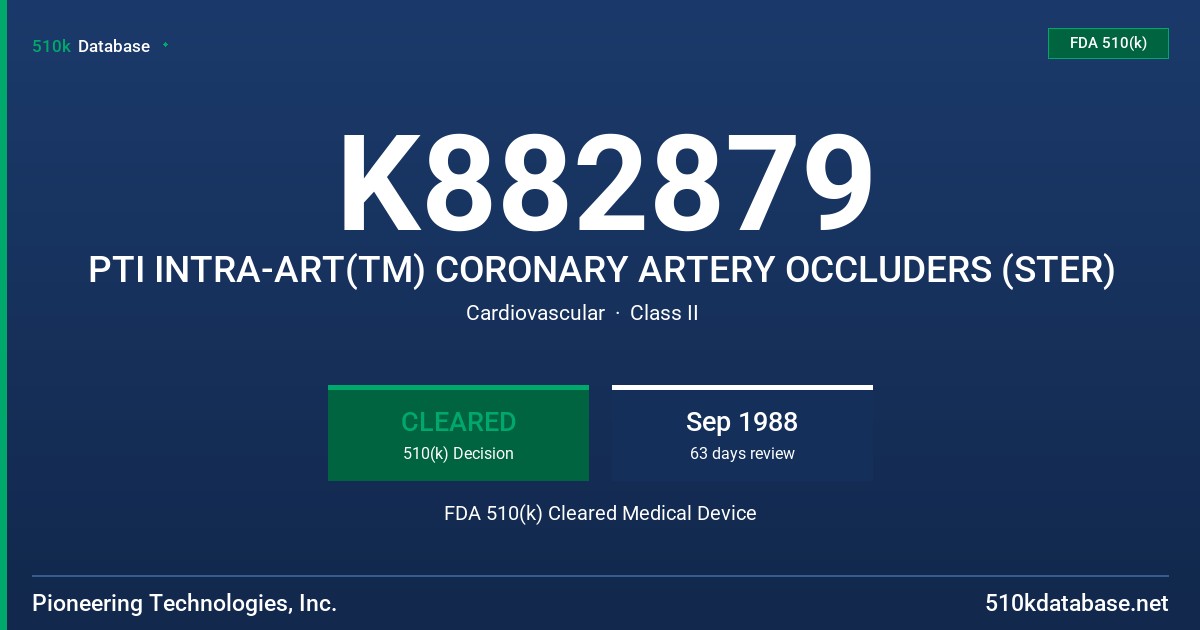 K882879 PTI INTRA-ART(TM) CORONARY ARTERY OCCLUDERS (STER) FDA 510(k) Cleared Medical Device