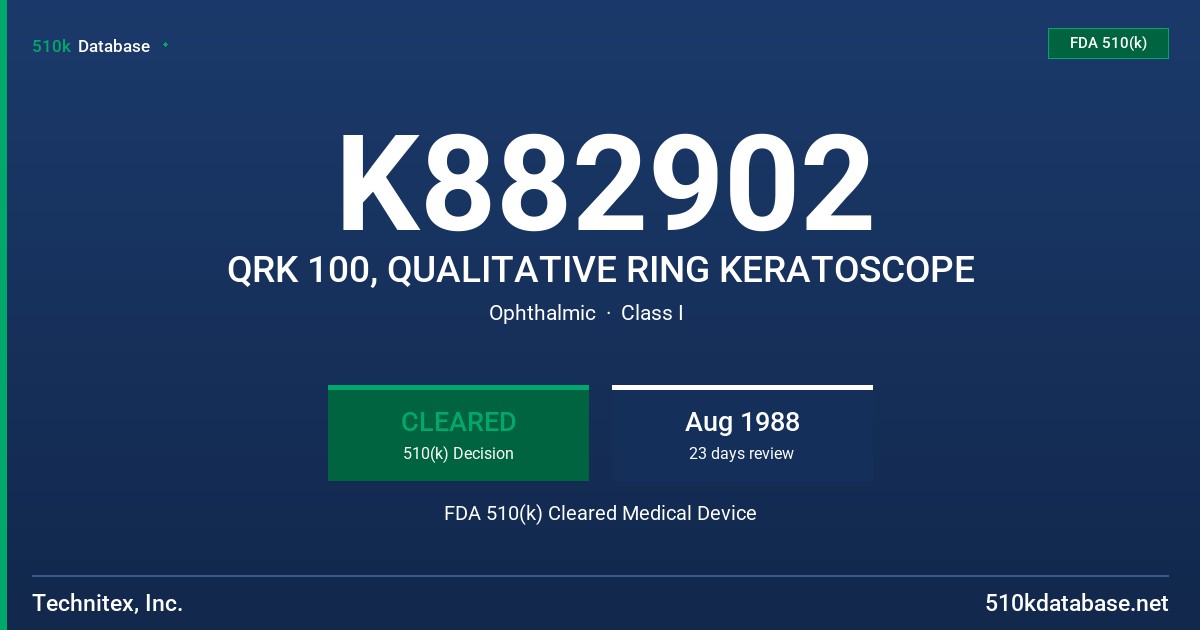 K882902 QRK 100, QUALITATIVE RING KERATOSCOPE FDA 510(k) Cleared Medical Device