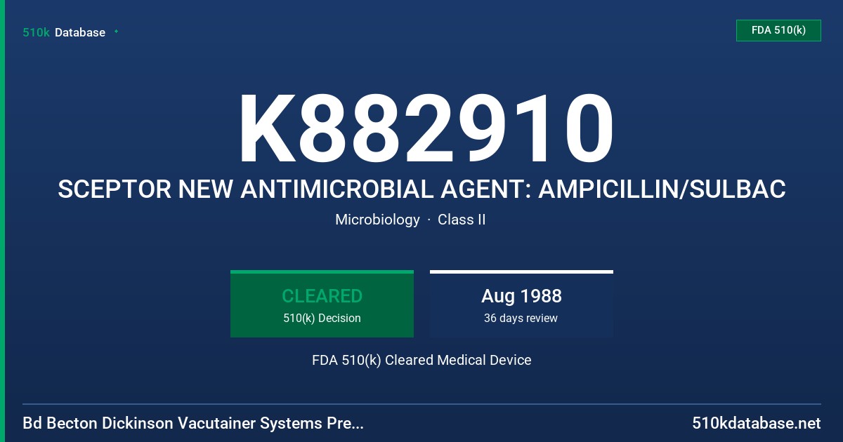 K882910 SCEPTOR NEW ANTIMICROBIAL AGENT: AMPICILLIN/SULBAC FDA 510(k) Cleared Medical Device