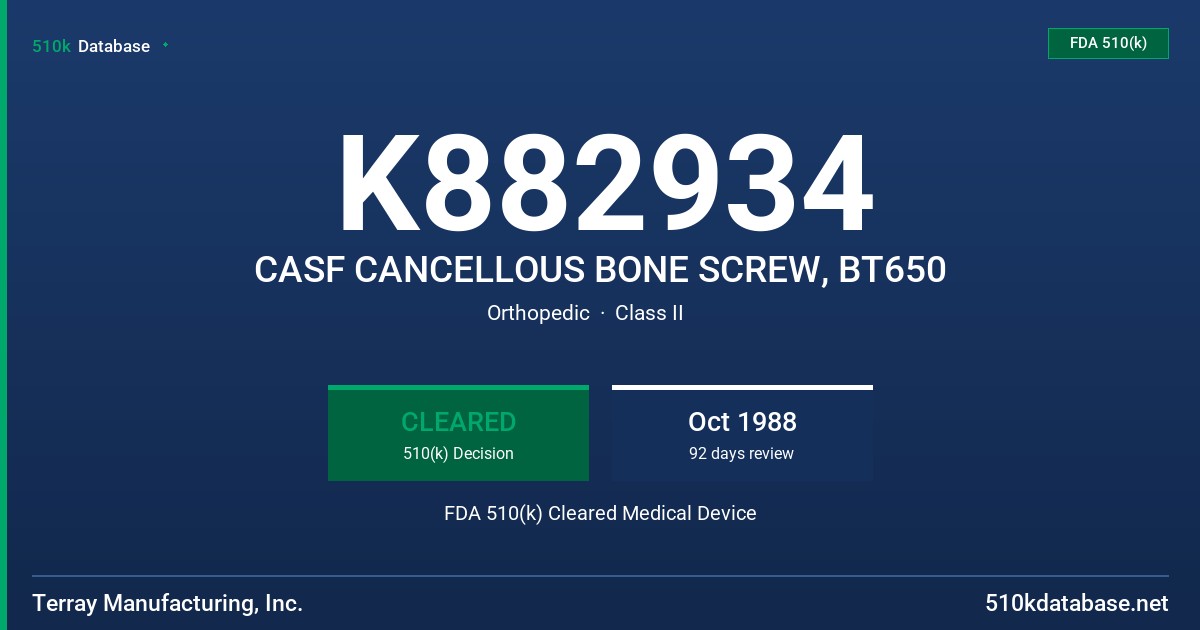 K882934 CASF CANCELLOUS BONE SCREW, BT650 FDA 510(k) Cleared Medical Device