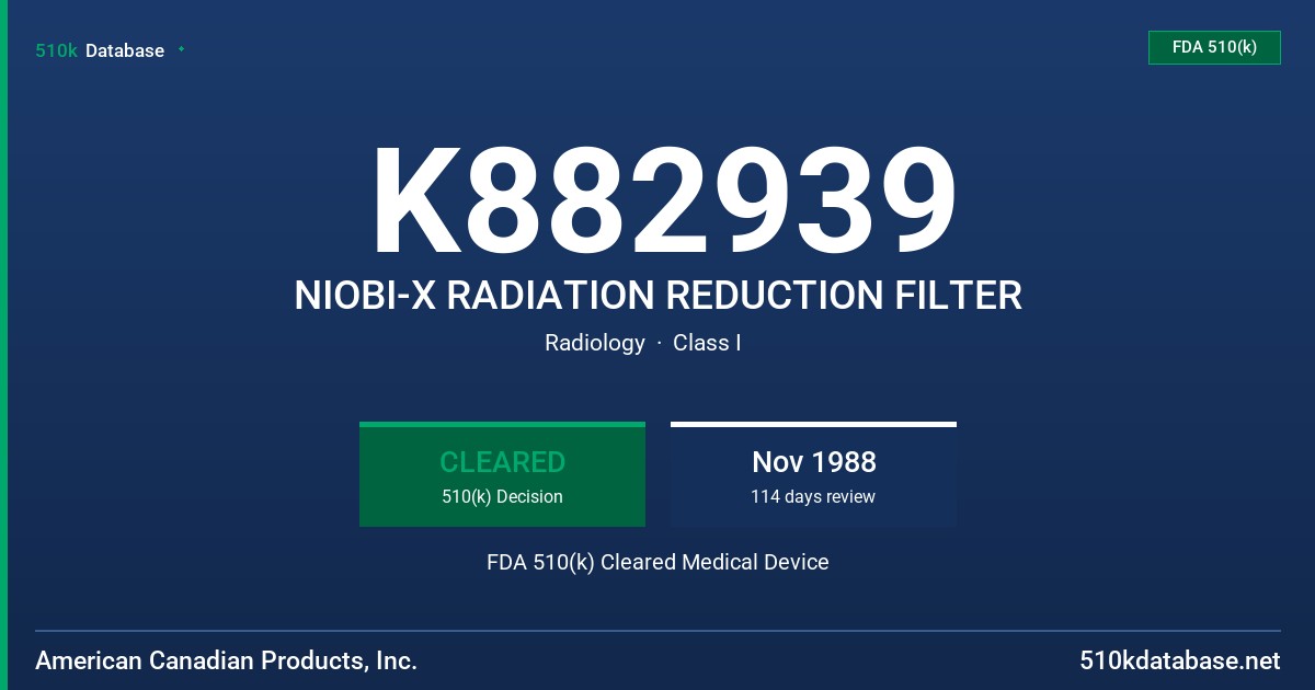 K882939 NIOBI-X RADIATION REDUCTION FILTER FDA 510(k) Cleared Medical Device