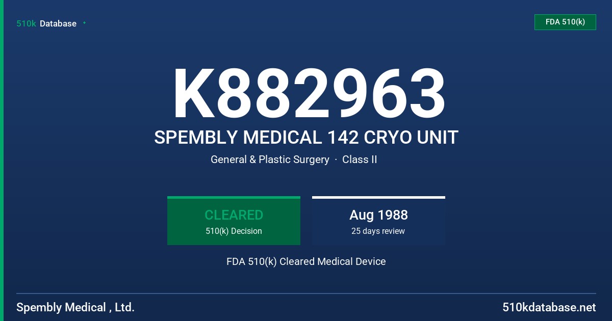 K882963 SPEMBLY MEDICAL 142 CRYO UNIT FDA 510(k) Cleared Medical Device
