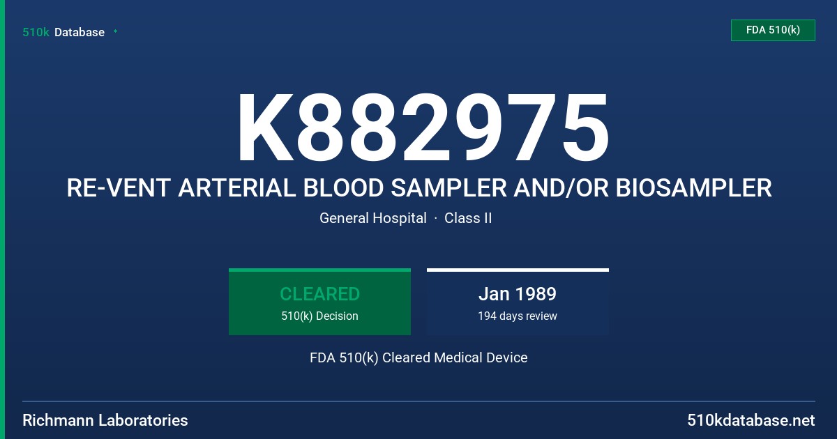 K882975 RE-VENT ARTERIAL BLOOD SAMPLER AND/OR BIOSAMPLER FDA 510(k) Cleared Medical Device