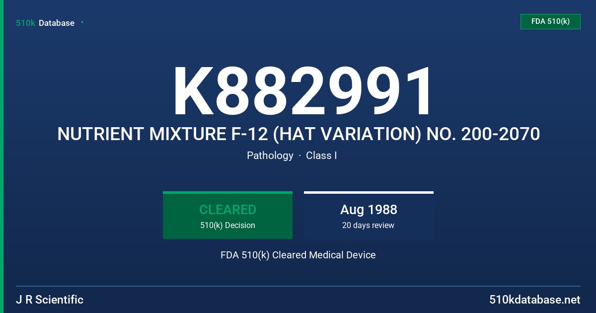 K882991 NUTRIENT MIXTURE F-12 (HAT VARIATION) NO. 200-2070 FDA 510(k) Cleared Medical Device