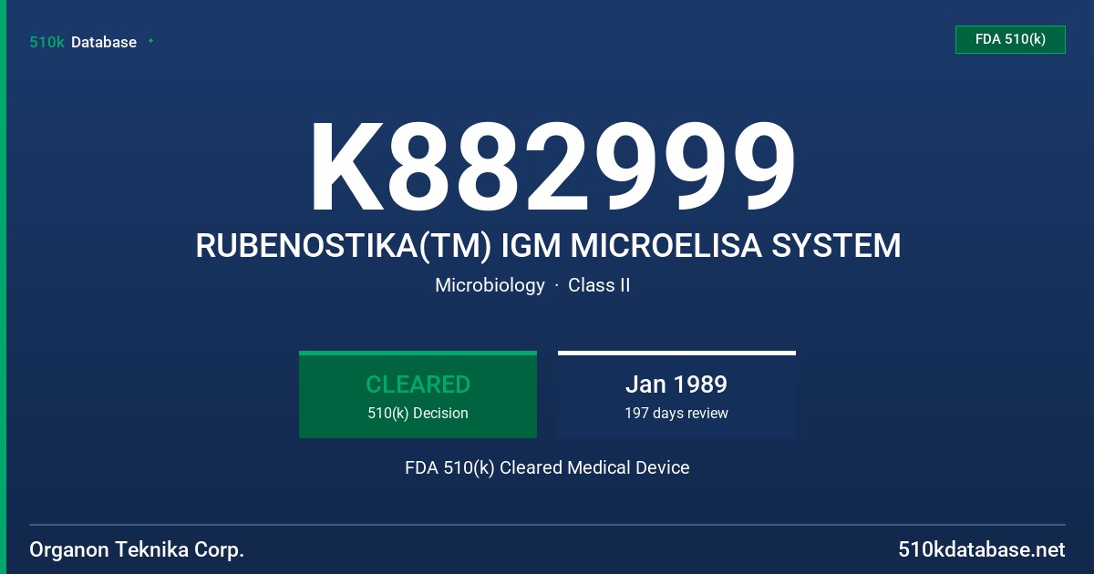 K882999 RUBENOSTIKA(TM) IGM MICROELISA SYSTEM FDA 510(k) Cleared Medical Device