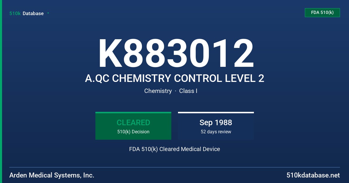 K883012 A.QC CHEMISTRY CONTROL LEVEL 2 FDA 510(k) Cleared Medical Device