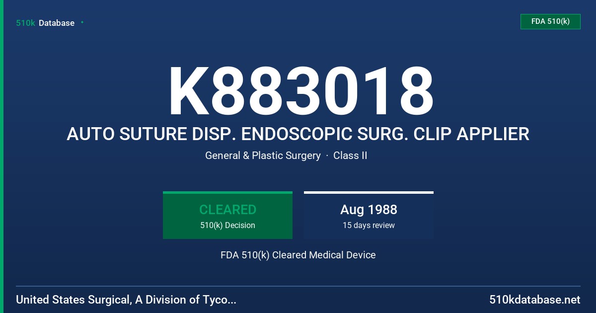 K883018 AUTO SUTURE DISP. ENDOSCOPIC SURG. CLIP APPLIER FDA 510(k) Cleared Medical Device