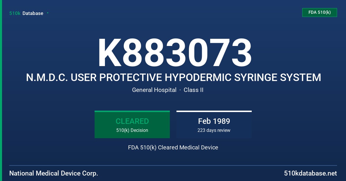 K883073 N.M.D.C. USER PROTECTIVE HYPODERMIC SYRINGE SYSTEM FDA 510(k) Cleared Medical Device