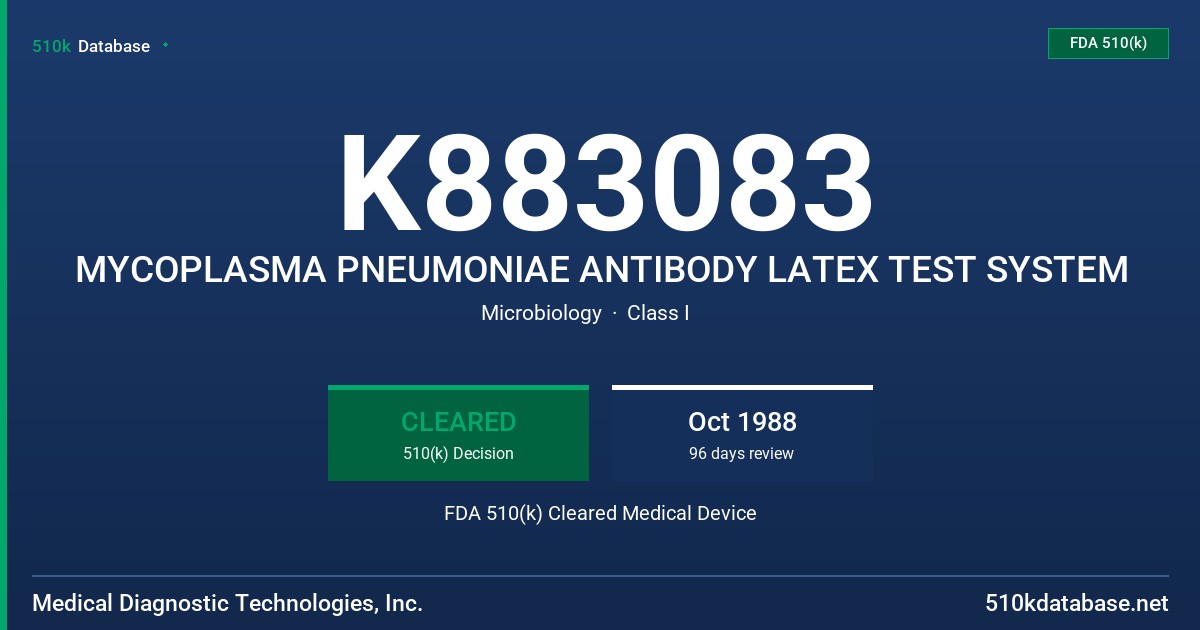 K883083 MYCOPLASMA PNEUMONIAE ANTIBODY LATEX TEST SYSTEM FDA 510(k) Cleared Medical Device
