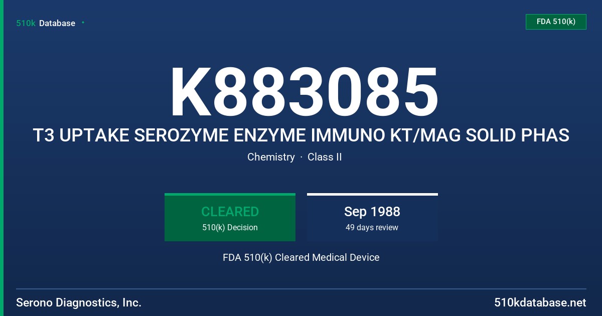K883085 T3 UPTAKE SEROZYME ENZYME IMMUNO KT/MAG SOLID PHAS FDA 510(k) Cleared Medical Device