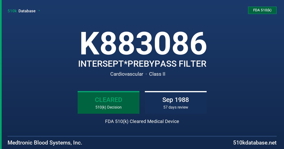 K883086 INTERSEPT*PREBYPASS FILTER FDA 510(k) Cleared Medical Device