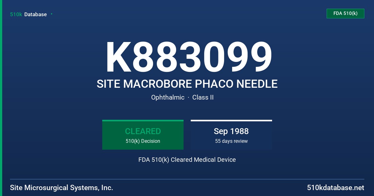 K883099 SITE MACROBORE PHACO NEEDLE FDA 510(k) Cleared Medical Device