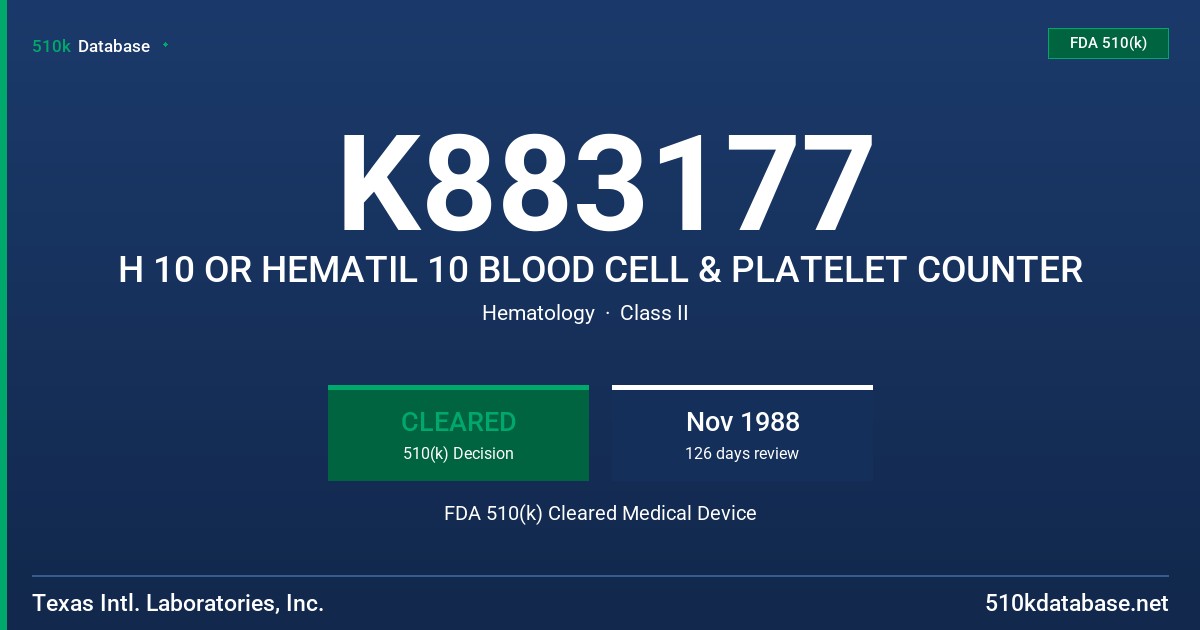 K883177 H 10 OR HEMATIL 10 BLOOD CELL & PLATELET COUNTER FDA 510(k) Cleared Medical Device