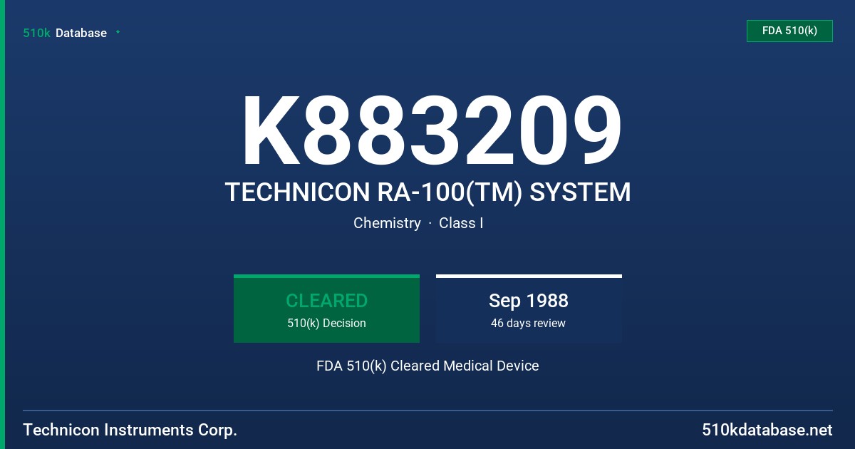 K883209 TECHNICON RA-100(TM) SYSTEM FDA 510(k) Cleared Medical Device