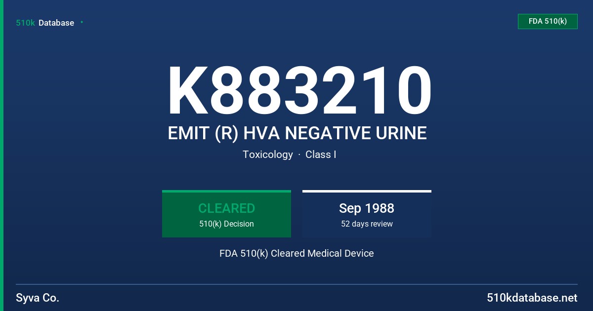 K883210 EMIT (R) HVA NEGATIVE URINE FDA 510(k) Cleared Medical Device
