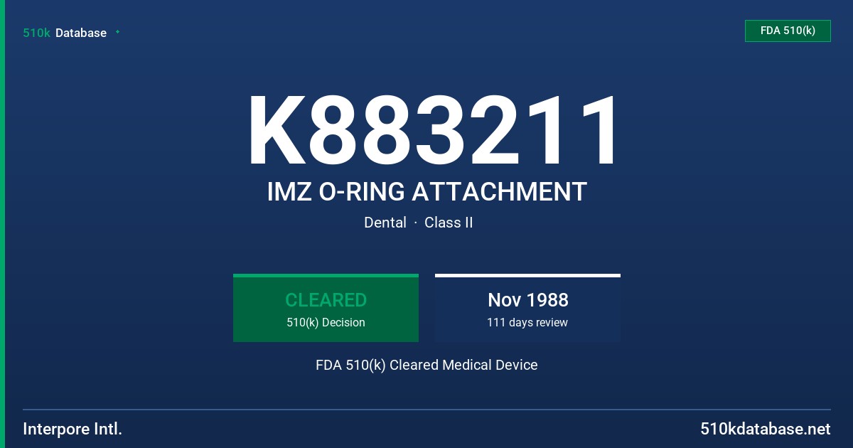 K883211 IMZ O-RING ATTACHMENT FDA 510(k) Cleared Medical Device