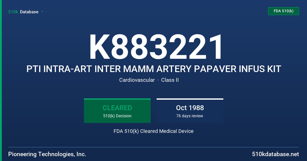 K883221 PTI INTRA-ART INTER MAMM ARTERY PAPAVER INFUS KIT FDA 510(k) Cleared Medical Device
