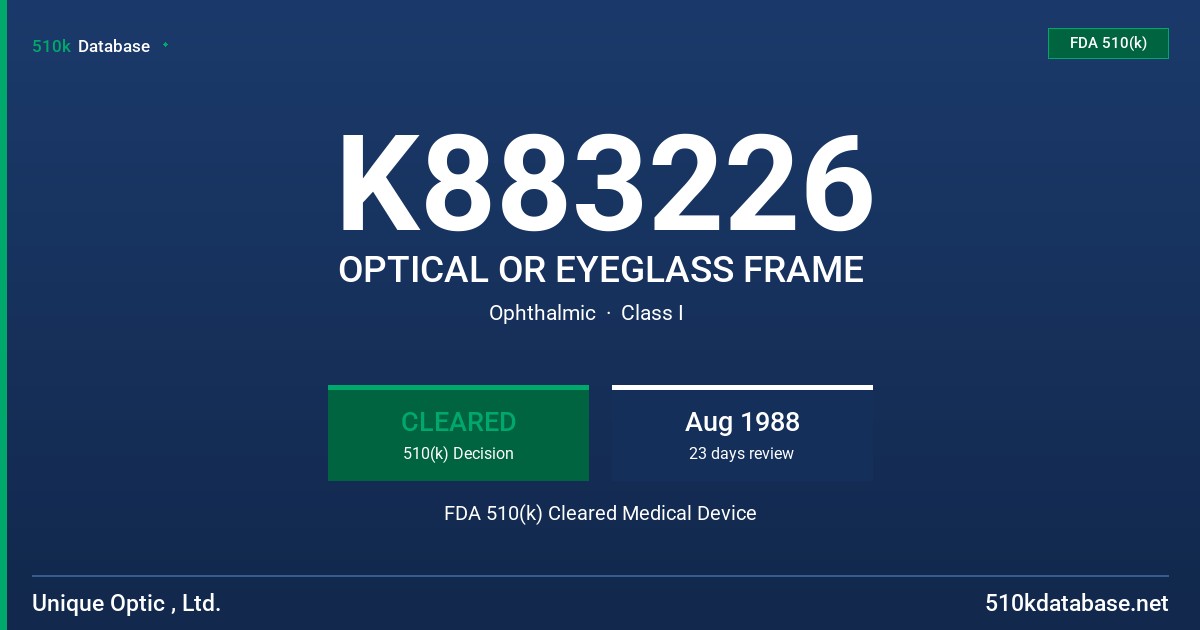 K883226 OPTICAL OR EYEGLASS FRAME FDA 510(k) Cleared Medical Device