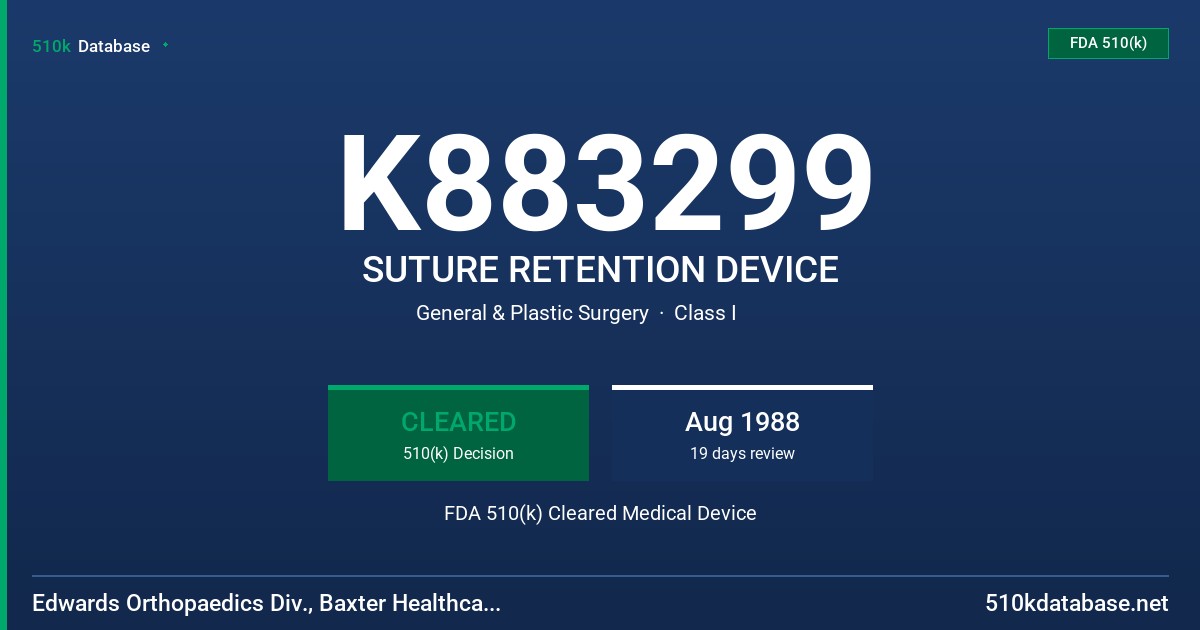 K883299 SUTURE RETENTION DEVICE FDA 510(k) Cleared Medical Device