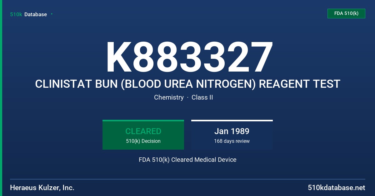 K883327 CLINISTAT BUN (BLOOD UREA NITROGEN) REAGENT TEST FDA 510(k) Cleared Medical Device