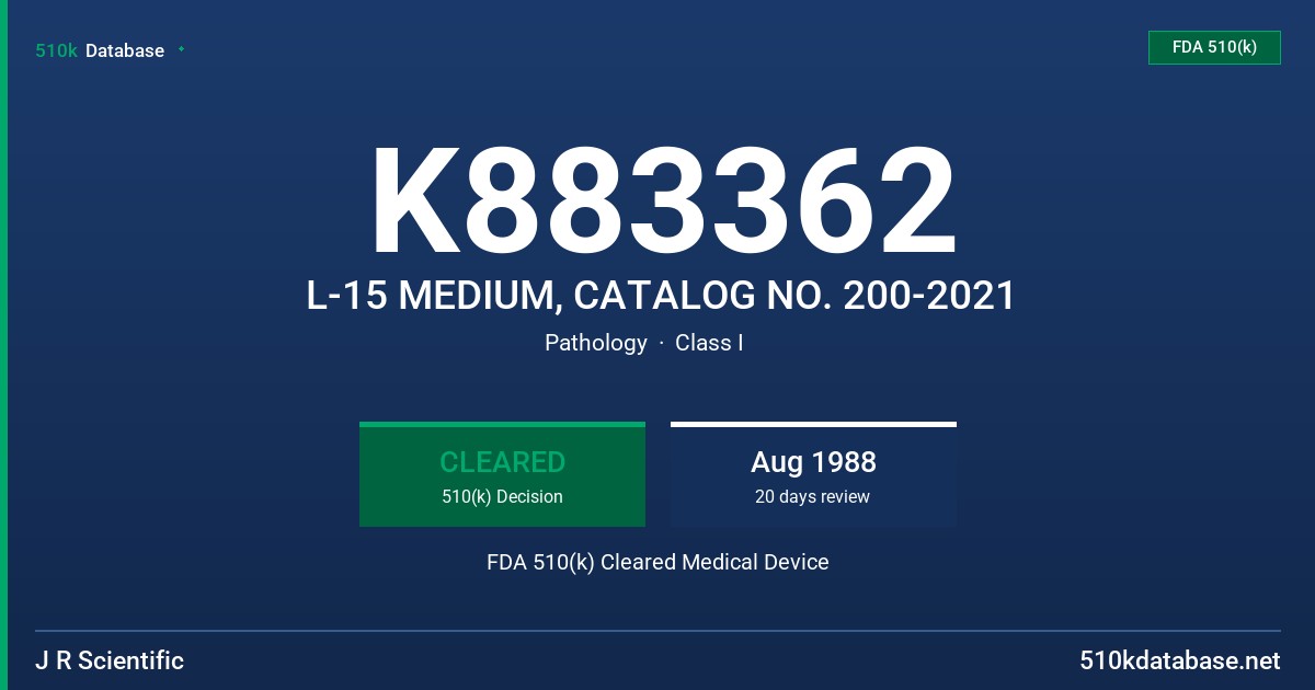 K883362 L-15 MEDIUM, CATALOG NO. 200-2021 FDA 510(k) Cleared Medical Device