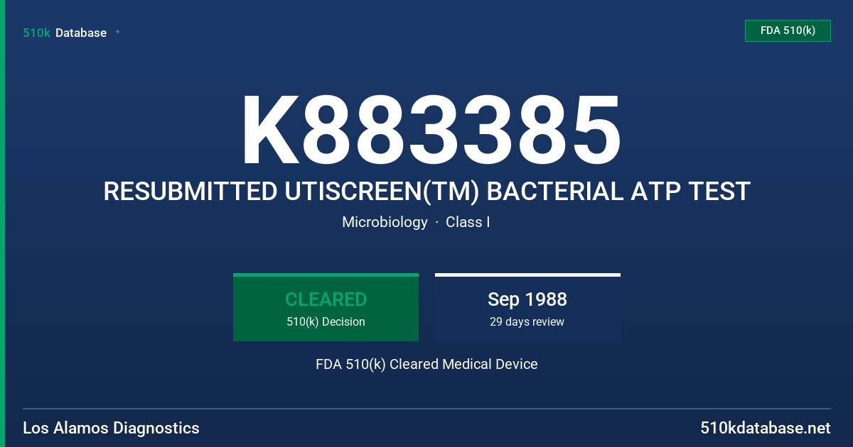 K883385 RESUBMITTED UTISCREEN(TM) BACTERIAL ATP TEST FDA 510(k) Cleared Medical Device