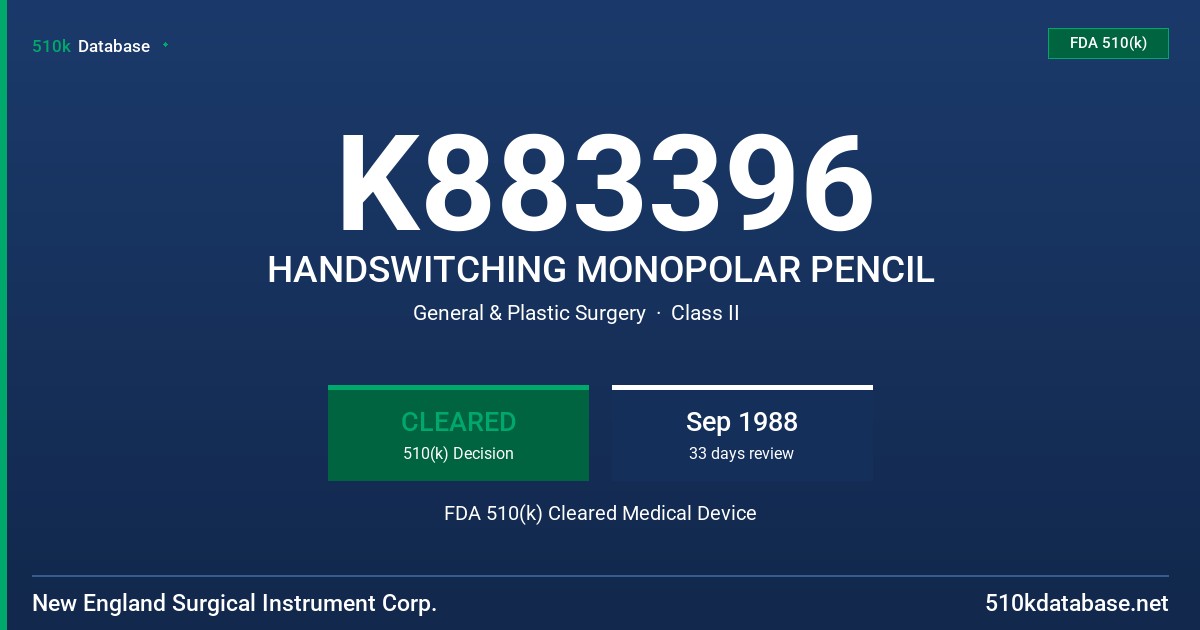 K883396 HANDSWITCHING MONOPOLAR PENCIL FDA 510(k) Cleared Medical Device