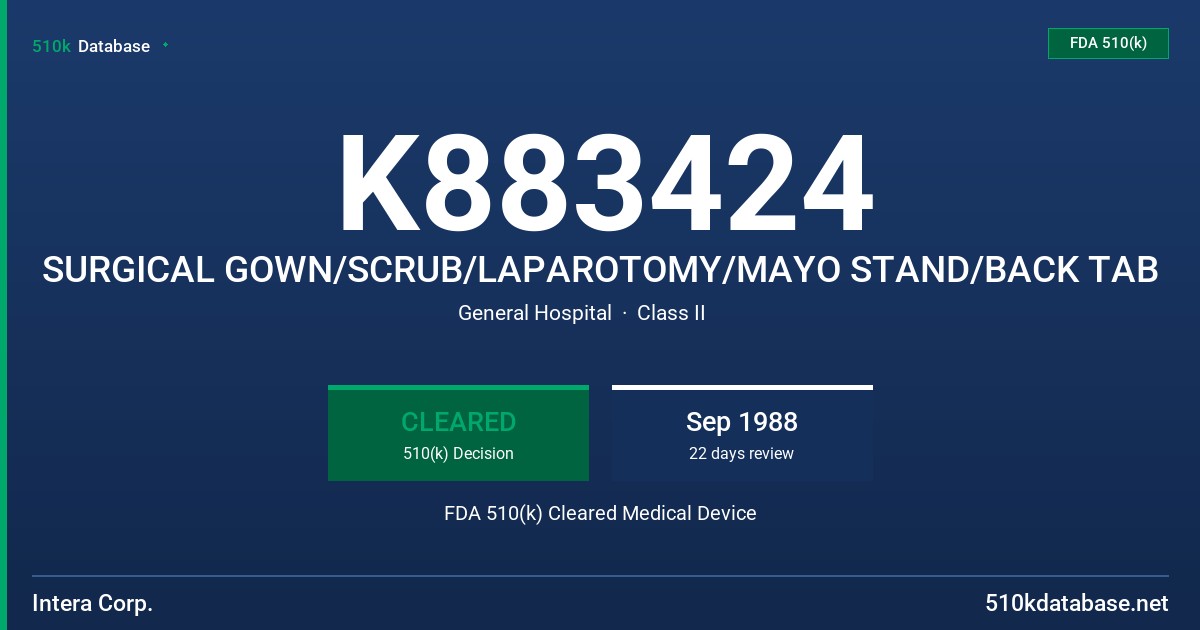 K883424 SURGICAL GOWN/SCRUB/LAPAROTOMY/MAYO STAND/BACK TAB FDA 510(k) Cleared Medical Device