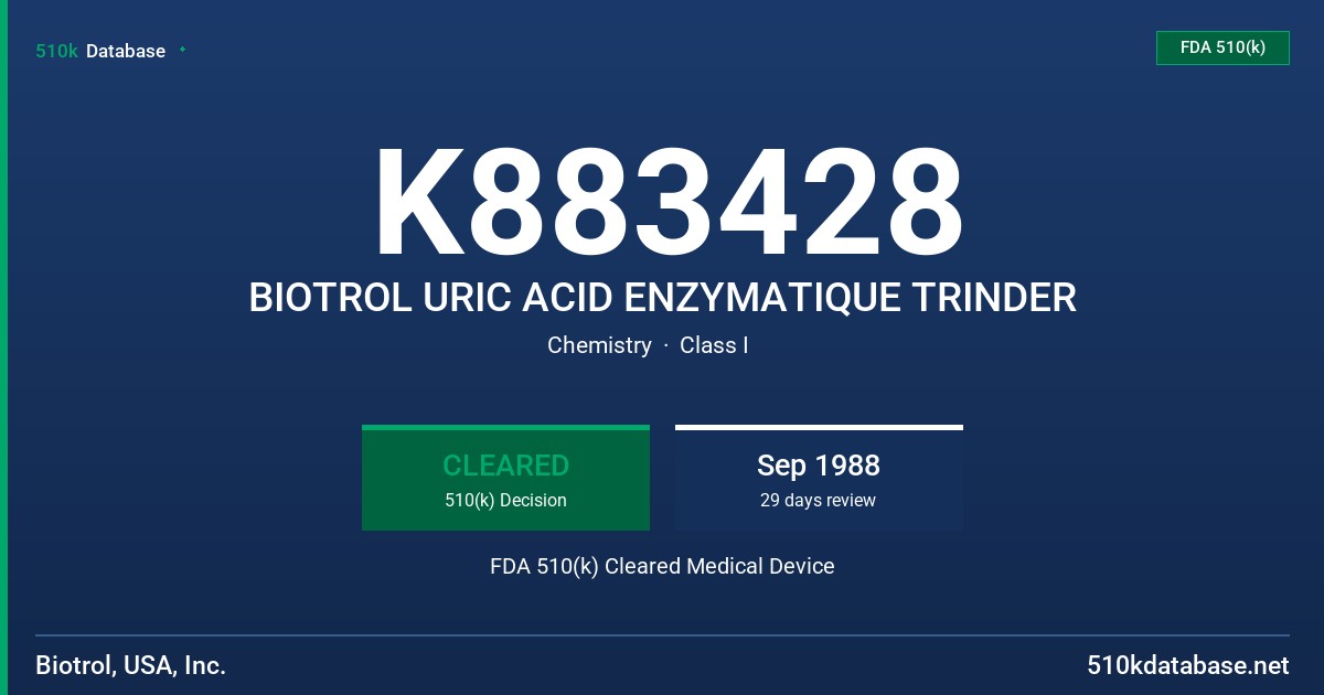 K883428 BIOTROL URIC ACID ENZYMATIQUE TRINDER FDA 510(k) Cleared Medical Device