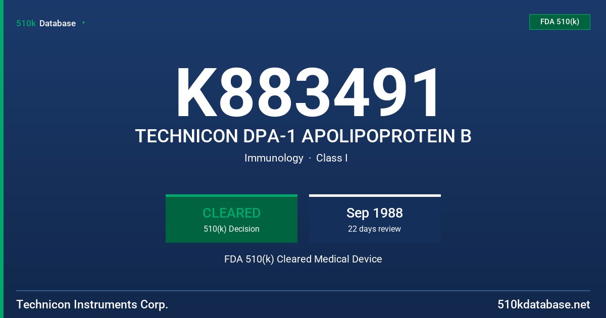 K883491 TECHNICON DPA-1 APOLIPOPROTEIN B FDA 510(k) Cleared Medical Device