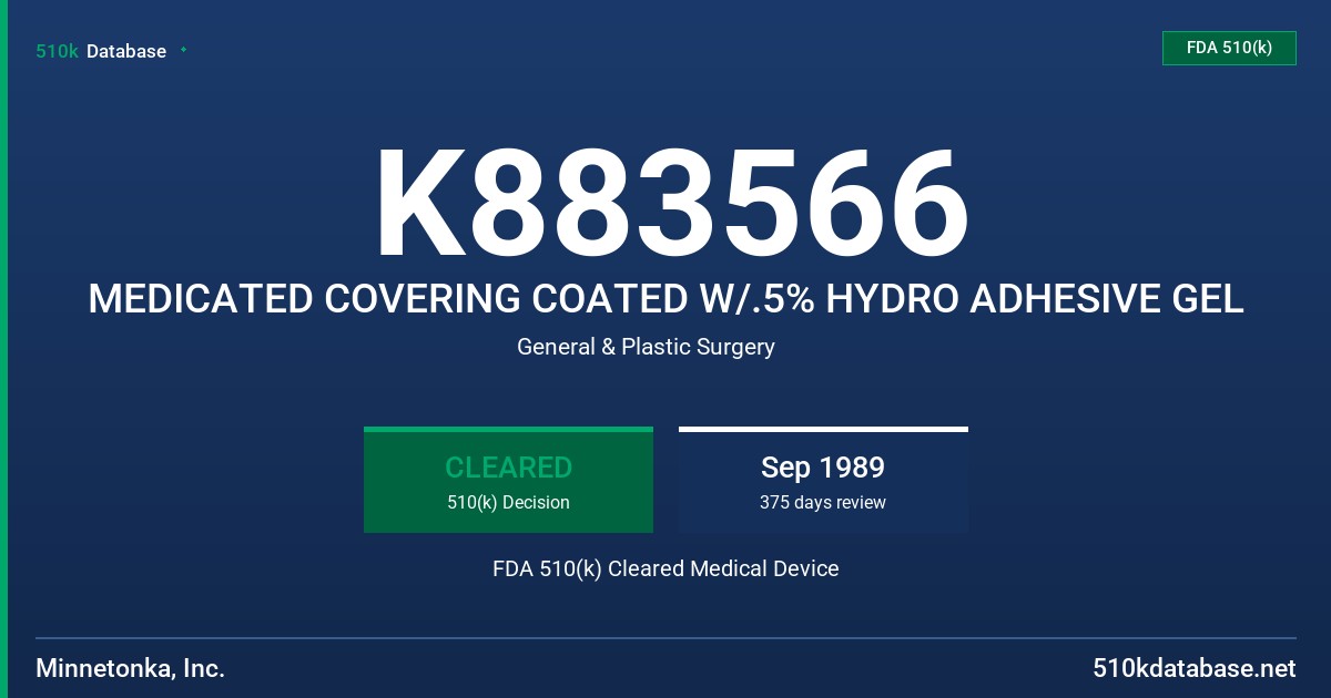 K883566 MEDICATED COVERING COATED W/.5% HYDRO ADHESIVE GEL FDA 510(k) Cleared Medical Device