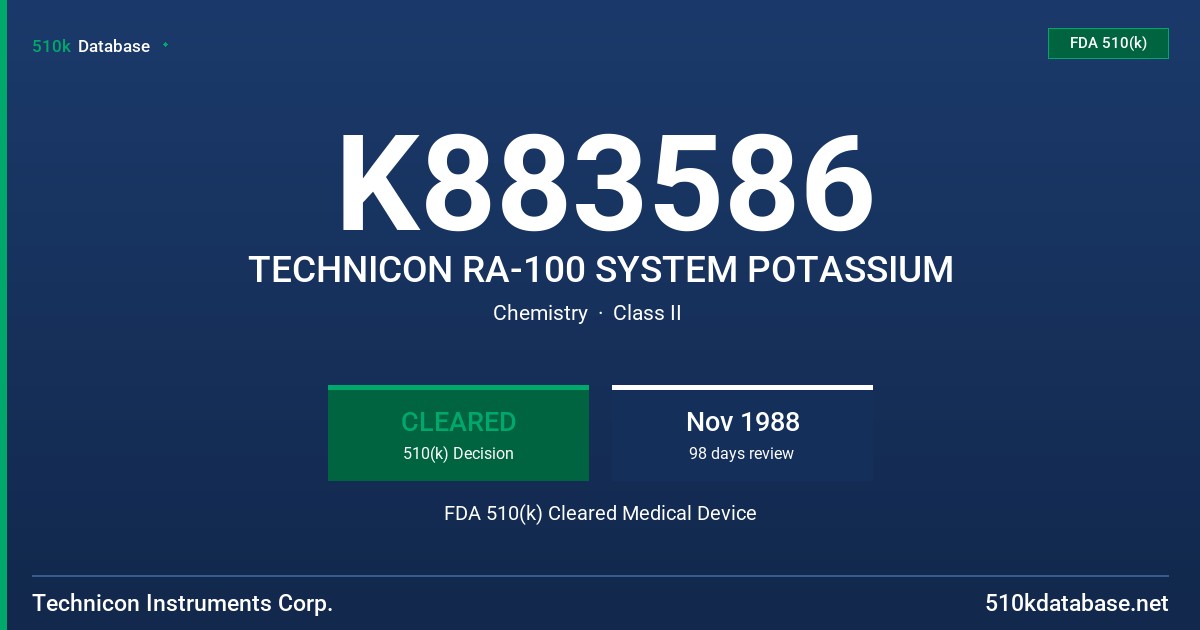 K883586 TECHNICON RA-100 SYSTEM POTASSIUM FDA 510(k) Cleared Medical Device