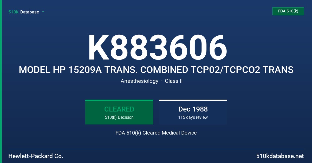 K883606 MODEL HP 15209A TRANS. COMBINED TCP02/TCPCO2 TRANS FDA 510(k) Cleared Medical Device
