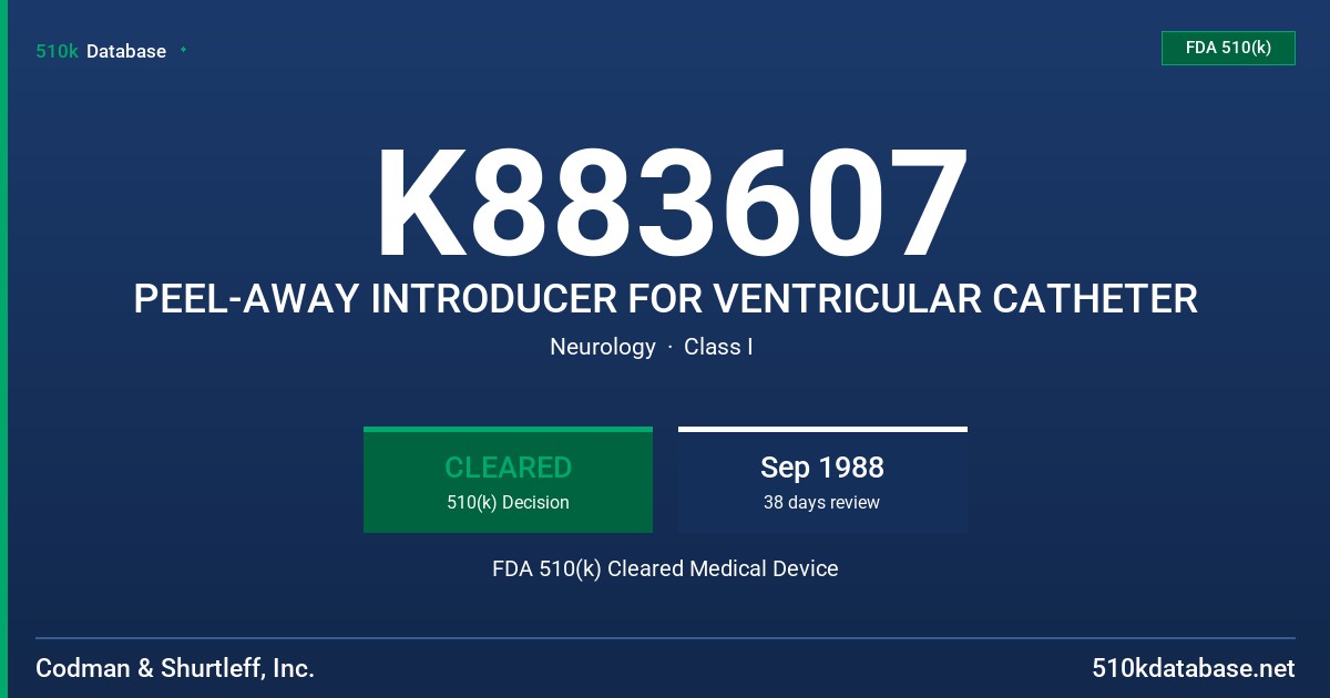 K883607 PEEL-AWAY INTRODUCER FOR VENTRICULAR CATHETER FDA 510(k) Cleared Medical Device
