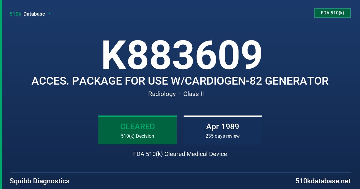 K883609 ACCES. PACKAGE FOR USE W/CARDIOGEN-82 GENERATOR FDA 510(k) Cleared Medical Device