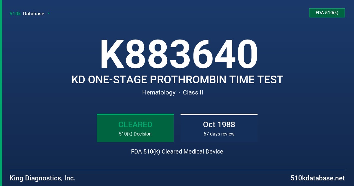 K883640 KD ONE-STAGE PROTHROMBIN TIME TEST FDA 510(k) Cleared Medical Device