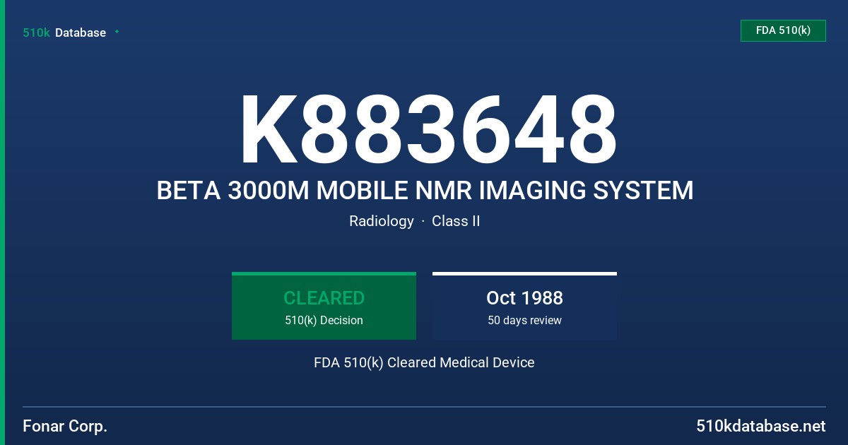 K883648 BETA 3000M MOBILE NMR IMAGING SYSTEM FDA 510(k) Cleared Medical Device