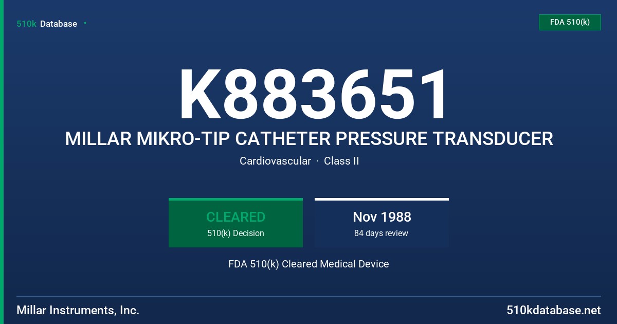 K883651 MILLAR MIKRO-TIP CATHETER PRESSURE TRANSDUCER FDA 510(k) Cleared Medical Device