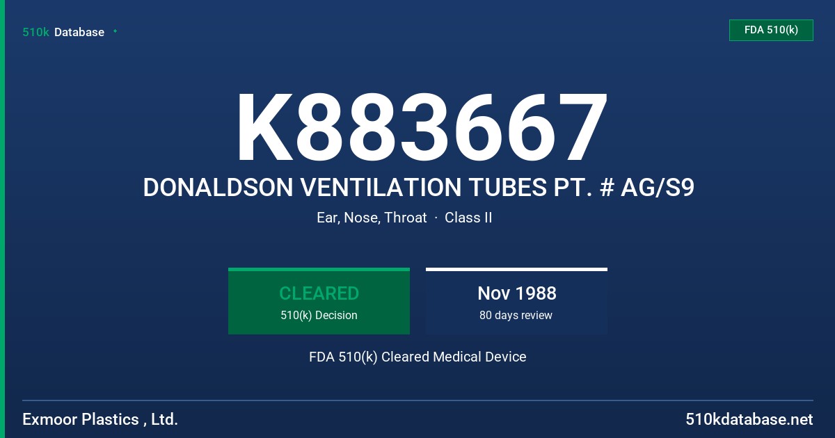 K883667 DONALDSON VENTILATION TUBES PT. # AG/S9 FDA 510(k) Cleared Medical Device