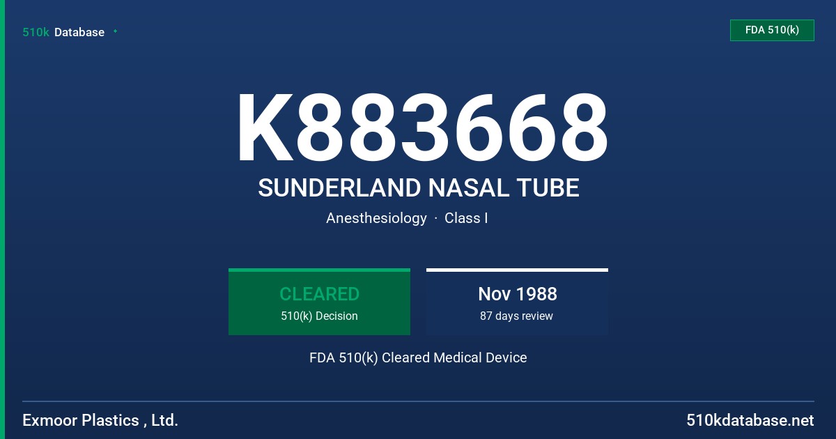 K883668 SUNDERLAND NASAL TUBE FDA 510(k) Cleared Medical Device