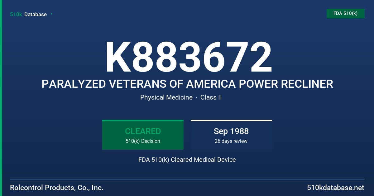K883672 PARALYZED VETERANS OF AMERICA POWER RECLINER FDA 510(k) Cleared Medical Device