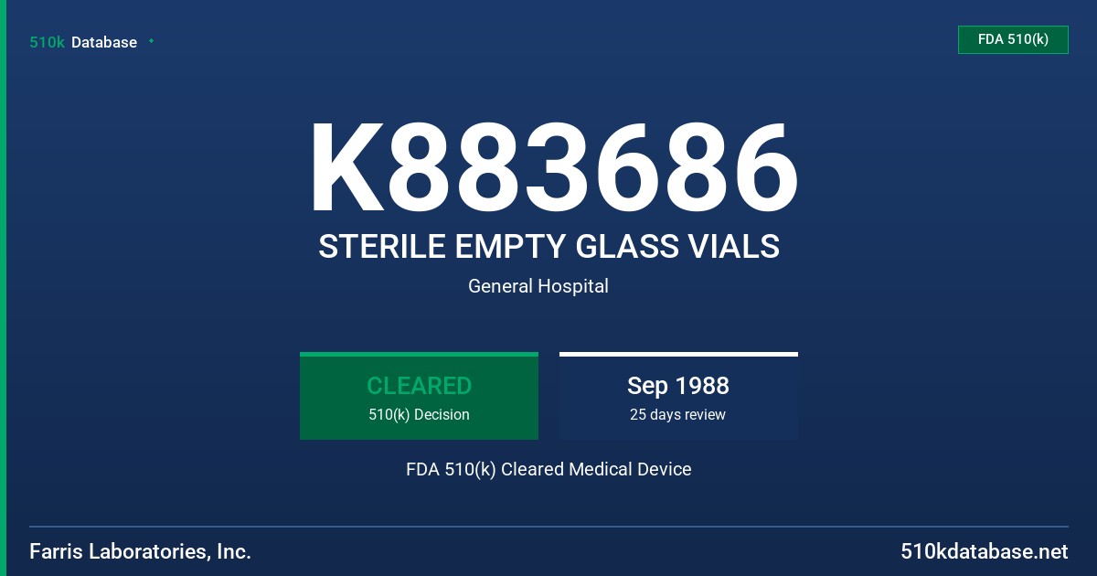 K883686 STERILE EMPTY GLASS VIALS FDA 510(k) Cleared Medical Device