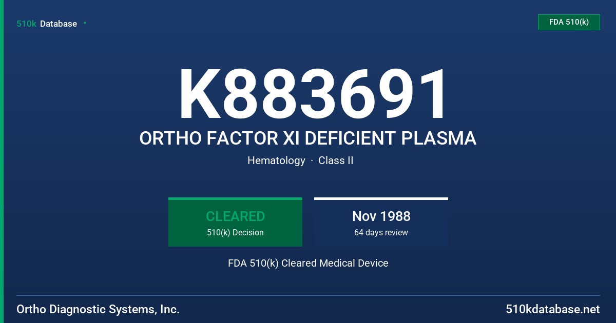 K883691 ORTHO FACTOR XI DEFICIENT PLASMA FDA 510(k) Cleared Medical Device