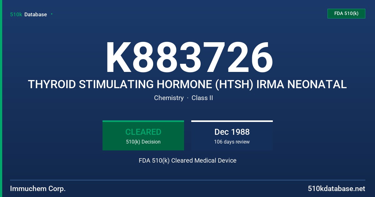 K883726 THYROID STIMULATING HORMONE (HTSH) IRMA NEONATAL FDA 510(k) Cleared Medical Device
