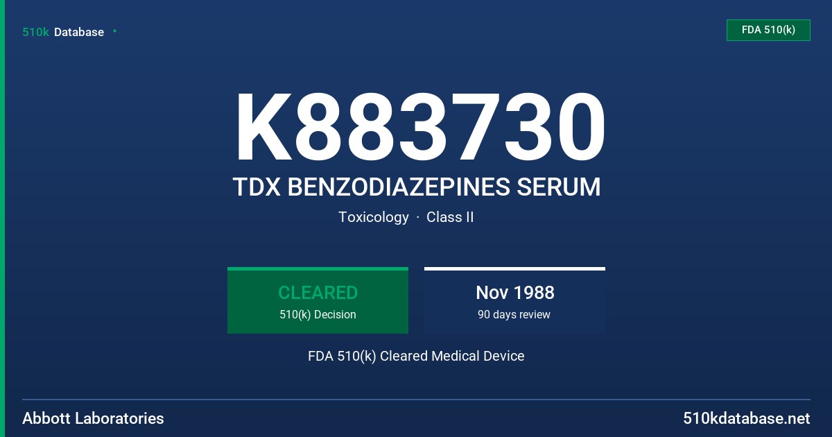 K883730 TDX BENZODIAZEPINES SERUM FDA 510(k) Cleared Medical Device