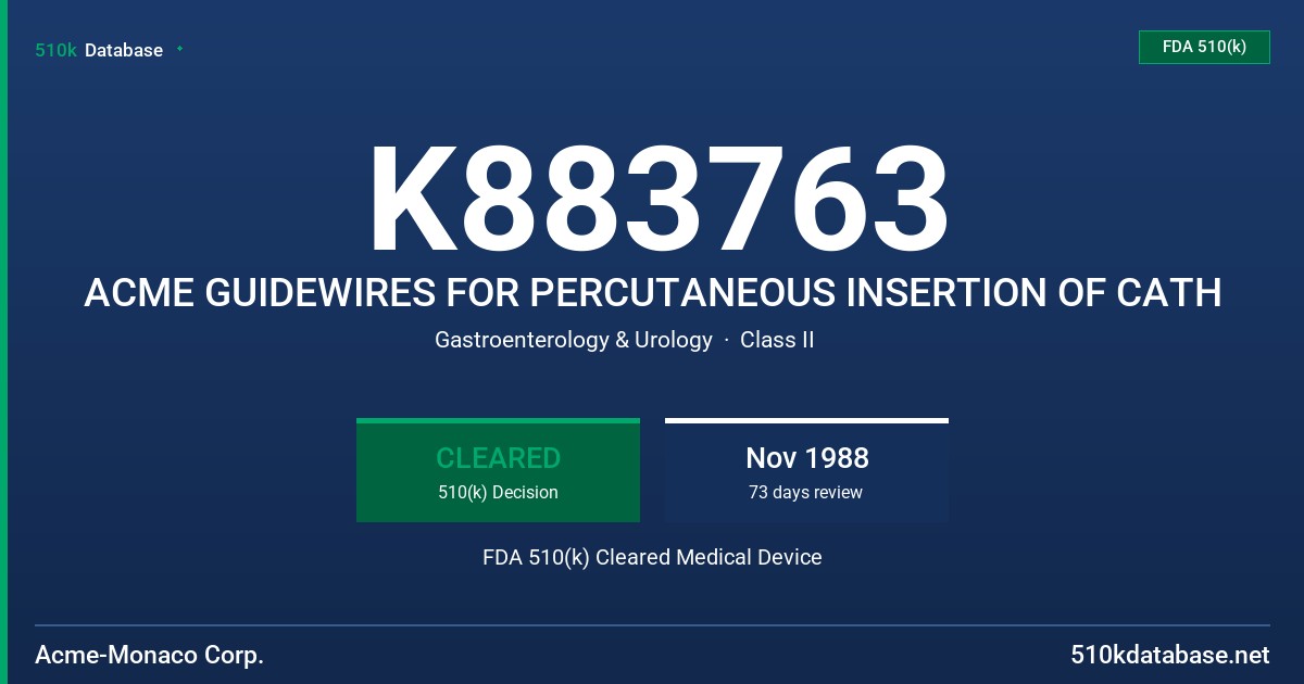 K883763 ACME GUIDEWIRES FOR PERCUTANEOUS INSERTION OF CATH FDA 510(k) Cleared Medical Device