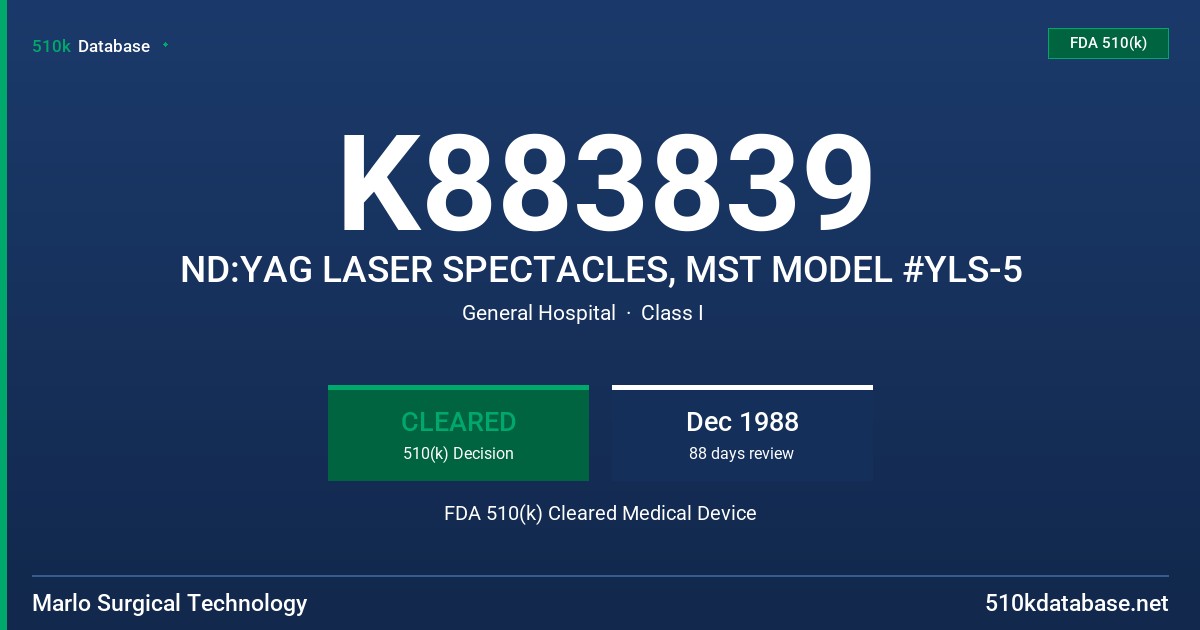 K883839 ND:YAG LASER SPECTACLES, MST MODEL #YLS-5 FDA 510(k) Cleared Medical Device