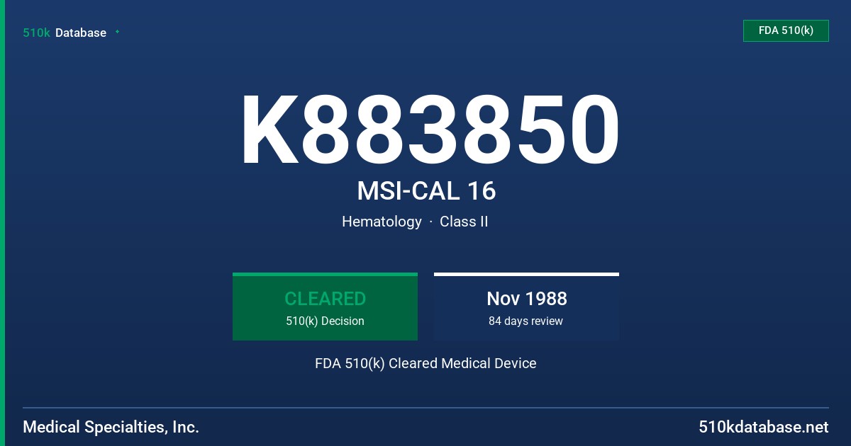 K883850 MSI-CAL 16 FDA 510(k) Cleared Medical Device